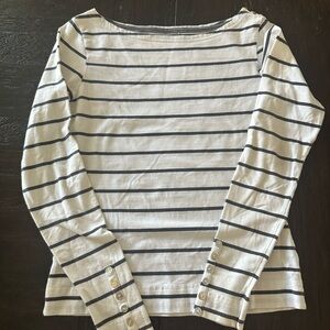 Women’s long-sleeved black and white striped boatneck top button detail size S
